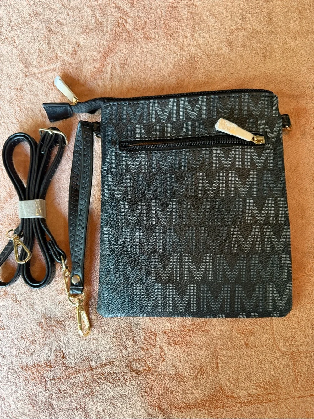 Michael Kors Black and Gray MK Logo Crossbody Bag with Gold Accent